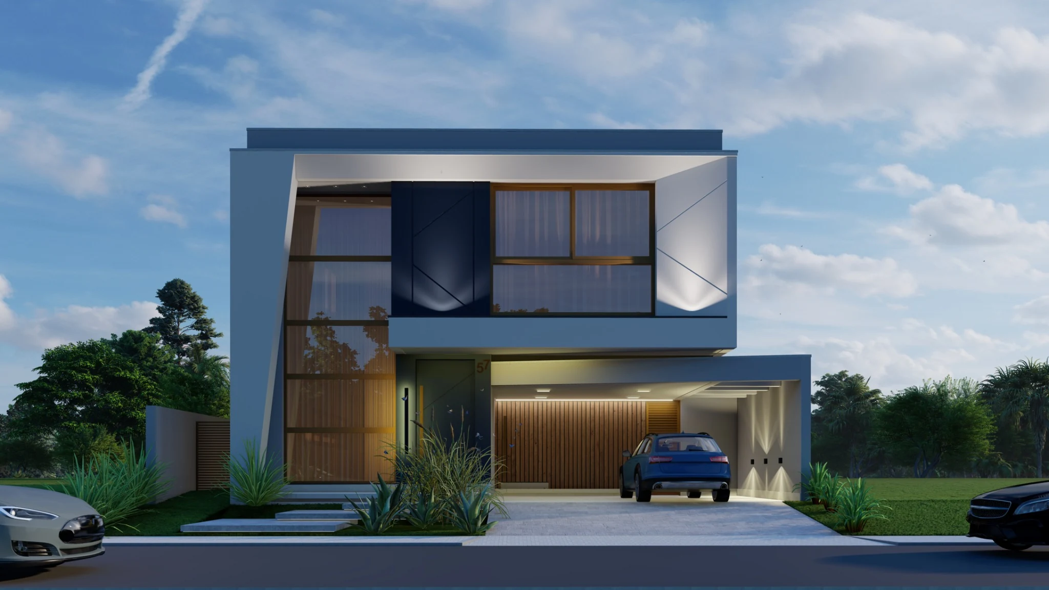 Residência H|57 — fachada ao entardecer