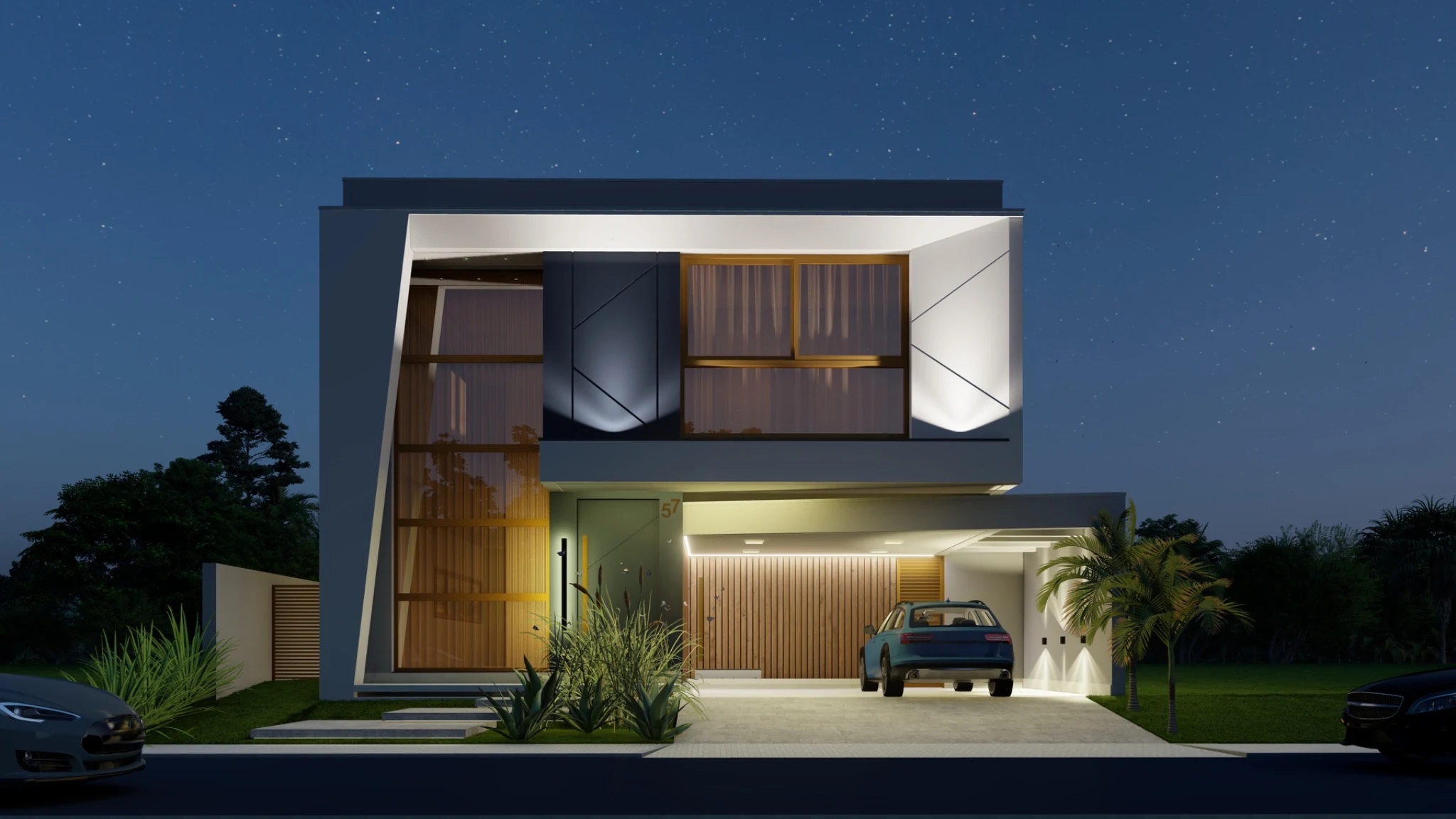 Residência H|57 — fachada noturna
